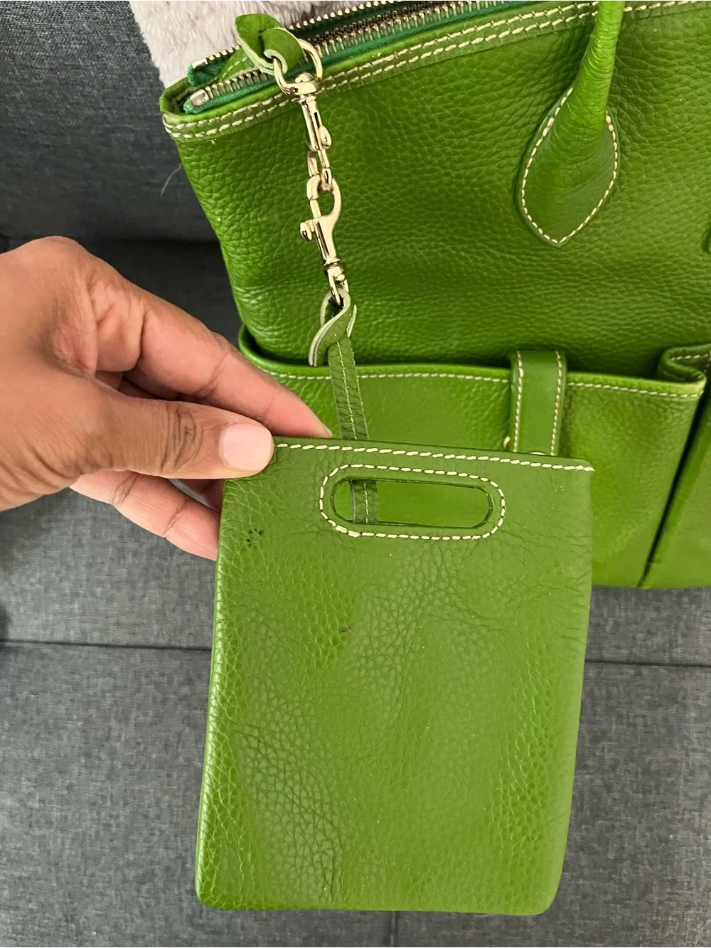 Dooney & Bourke Green Pebbled Leather Tote with Front Pockets